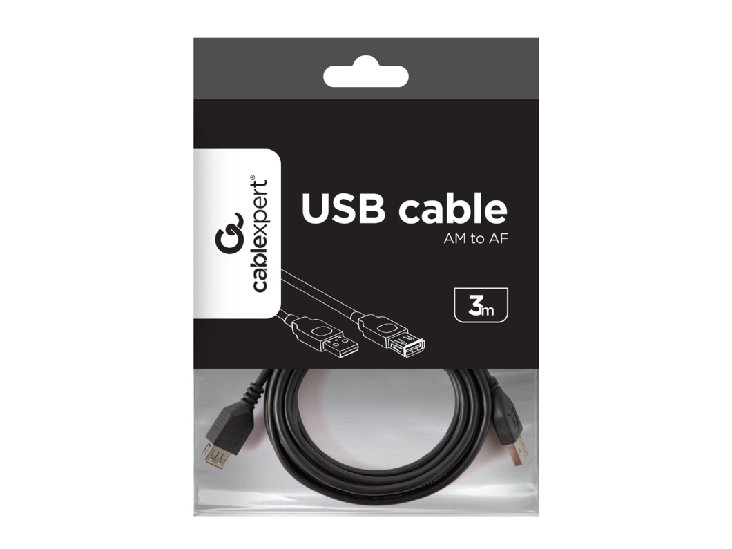 3m Usb 2.0 A M Fm, 3 M, Usb A, Usb A, Usb 2.0, Hanstik Hunstik, Sort fra Gembird