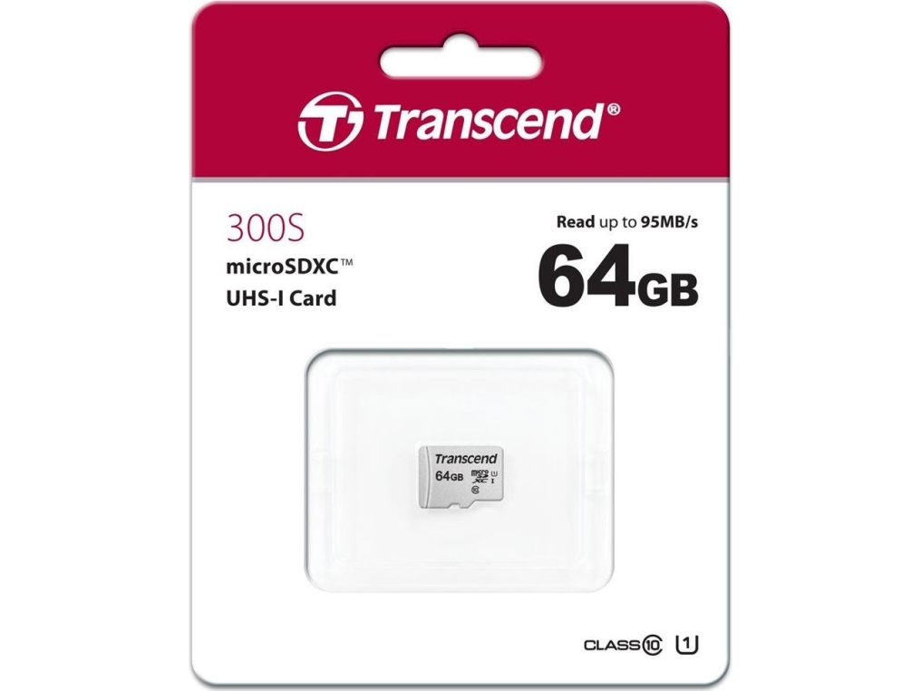 300s, 64 Gb, Microsdxc, Klasse 10, Nand, 95 Mb S, 25 Mb S fra Transcend